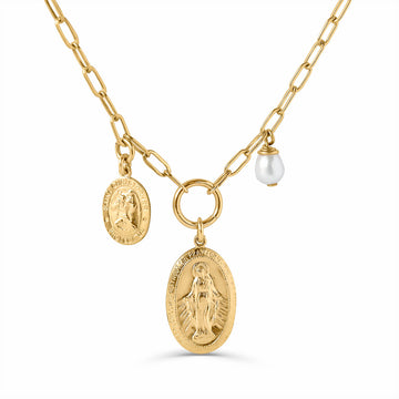 Mother of Protection - St. Christopher, Holy Mary, and Fresh Water Pearl Necklace