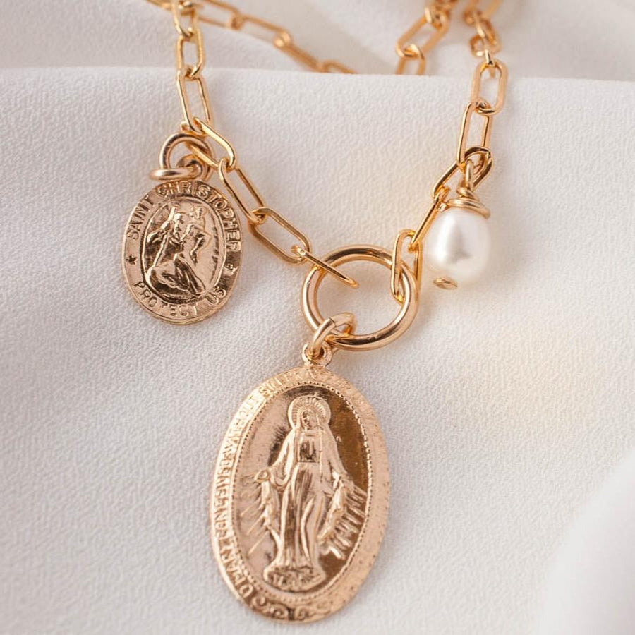 Mother of Protection - St. Christopher, Holy Mary, and Fresh Water Pearl Necklace