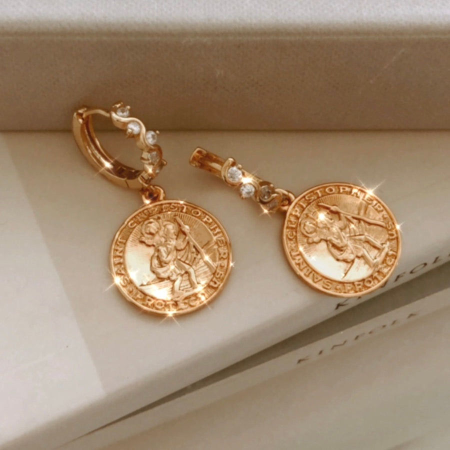 Traveler's Coin Saint Christopher Earrings Statement Amulet Protection Huggie Hoops Stacking Layering Disc Gift For Her Daughter Sister Gift
